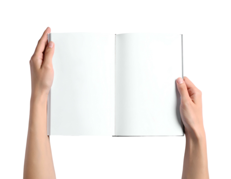 Two hands presenting an open blank book on a black background, isolated view