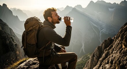 Adventurous hiker taking a refreshing drink of water while resting on a mountain peak with a stunning view of the surrounding landscape.