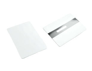 Two white rectangular plastic objects, one showing a magnetic stripe