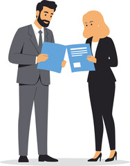 Professional business meeting two colleagues examining documents in a focused discussion isolated on transparent background