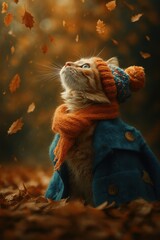 A cute ginger cat sitting among autumn leaves, wearing a cozy blue coat and an orange knitted scarf and hat