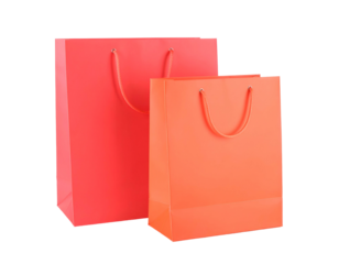 Two vibrant, rectangular gift bags, varying sizes, with matching cord handles, placed on black