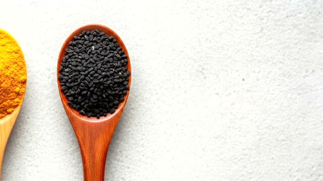 Close-up of wooden spoons holding turmeric and black seeds on textured background