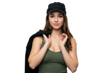 Young woman wearing a black baseball cap and olive tank top isolated on transparent background