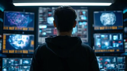 A person stands with their back to the camera in a high-tech control room, looking at multiple monitors displaying data and maps. - Powered by Adobe
