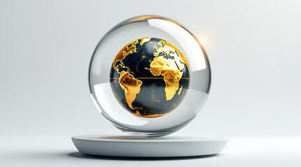 Levitating golden earth core inside clear glass sphere on white platform with modern minimalistic background