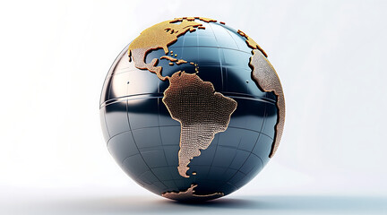 Polished metallic sphere with embossed continents showing North and South America in modern design, reflecting light beautifully