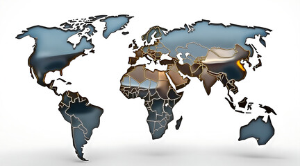 World map with country borders, metallic texture, abstract design, global concept, modern style, blue and bronze tones, artistic representation