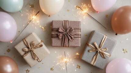 Festive celebration scene with wrapped gifts, colorful balloons, and sparkling sparklers creating a joyful atmosphere for special occasions and gatherings