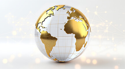 Translucent globe with gold continents and grid lines representing global connection and technology in bright background