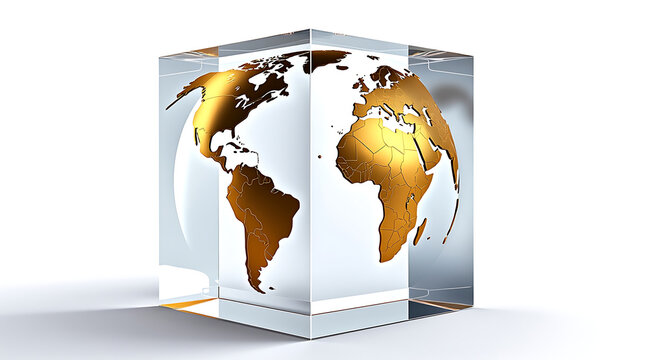 Fototapeta Transparent crystal cube with floating golden world map inside, showing continents with shiny and elegant design
