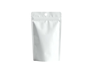 A plain, upright white pouch with a zipper and hole, against a stark black background