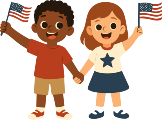A smiling boy and girl holding hands and waving American flags, celebrating unity, friendship, and patriotism in a cheerful cartoon style.