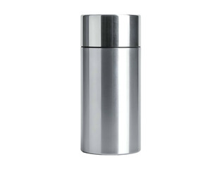 Isolated tall, cylindrical, metal container with a silver, screw-on lid, on a black background