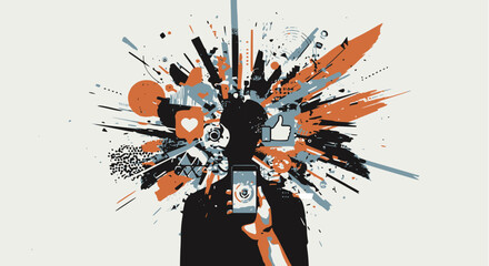Abstract illustration of a person's head exploding with social media icons and digital noise while holding a smartphone, symbolizing information and like-driven overload.
