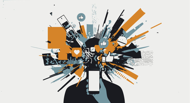 Abstract vector illustration of a person's head exploding into a chaotic burst of social media notifications, symbolizing digital distraction and information overload.