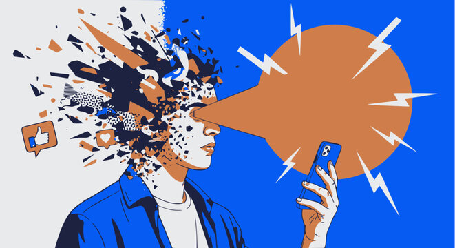 Digital art illustration of a person overwhelmed by a smartphone, with their head exploding into fragments, symbolizing social media overstimulation and tech burnout.