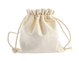 Close-up of a small, drawstring fabric bag in a neutral, off-white color