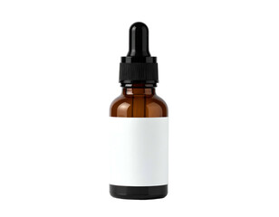 Amber bottle with dropper on a black background, showing a product ready for labeling