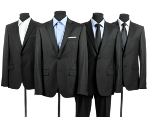 Four dark suits displayed on mannequins, each showcasing different shirt and tie combinations