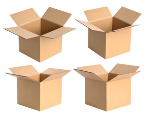 Four empty, open cardboard boxes arranged in a 2x2 grid against a black background