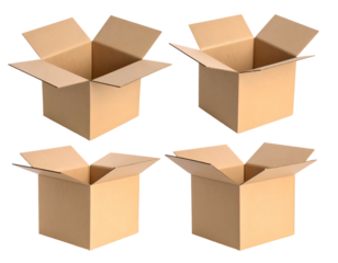 Four empty, open cardboard boxes arranged in a 2x2 grid against a black background