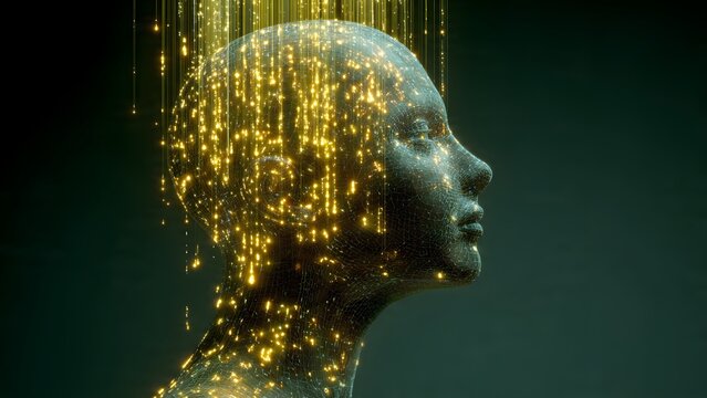 Transparent human head filled with glowing AI code