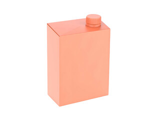 Isolated, clean rendering of an upright, rectangular beverage container with a capped opening