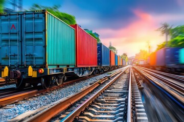 Obraz premium Dynamic transport scene showcasing colorful freight containers on a railway track under a vividly illuminated sunset sky revealing the complexity of logistics and beautifying mobility in modern