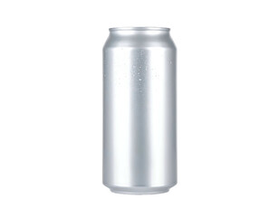 Isolated, vertical, cylindrical silver can, with slight moisture droplets, against black background