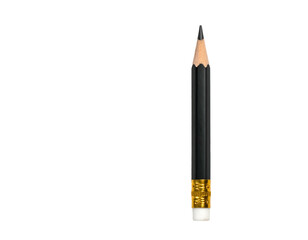 A sharpened graphite writing instrument, with a black body, a pink eraser, and gold accents