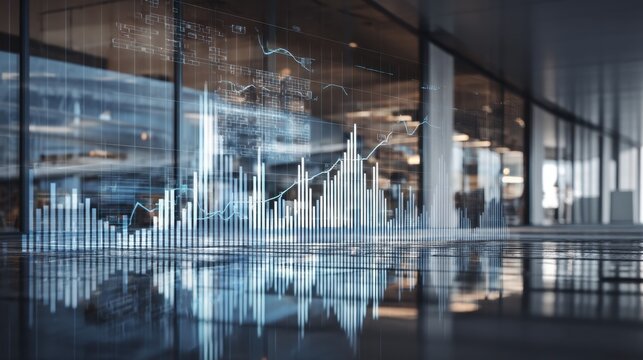 Modern office interior featuring digital financial graphs and data analytics overlay for business and finance concepts in a corporate environment