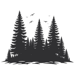 Fototapeta premium Dark forest of evergreen trees with flying birds a striking silhouette