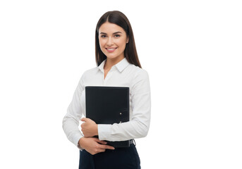 Smiling businesswoman holding a folder isolated on transparent background