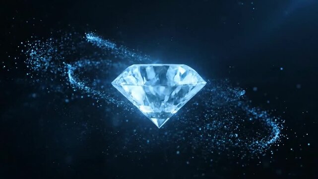 Glowing blue diamond with sparkling particles swirling around it against a dark background with cinematic lighting.