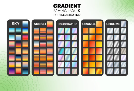 collection of sky, sunset, hologramatic, orange and chrome gradients for illustrator
