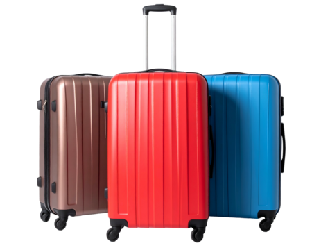 Three upright suitcases, in bronze, red, and blue, with telescopic handles and wheels