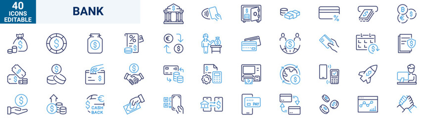 Bank and Finance Icons in Line Style Featuring Money, Credit Cards, Safes, Dollar Signs, Piggy Banks, Loans, Investments, Shields, and Online Banking