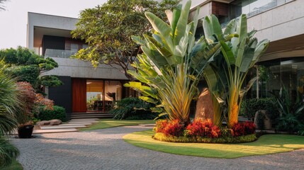 Modern Architectural Design with Lush Tropical Plants in Scenic Outdoor Space Featuring Elegant Landscaping and Contemporary Home Structure