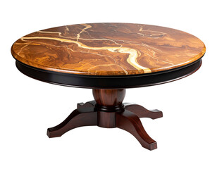 Elegant round table showcasing a marbled top and a dark, ornate pedestal base against a dark background