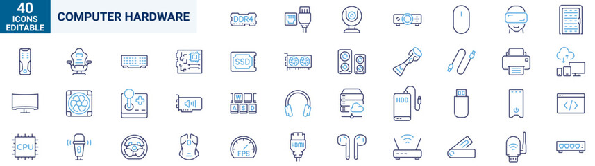 Computer hardware components and tech devices. Includes CPU, GPU, motherboard, RAM, hard drive, SSD, monitor, keyboard, mouse, printer, server