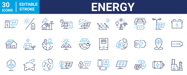 Energy web line icons. Charging. Containing charge, battery, energy, electricity, charger, recharge, electric car. Vector illustration. Editable stroke.