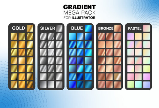 Collection of gold, silver, blue, bronze and pastel gradients for illustrator