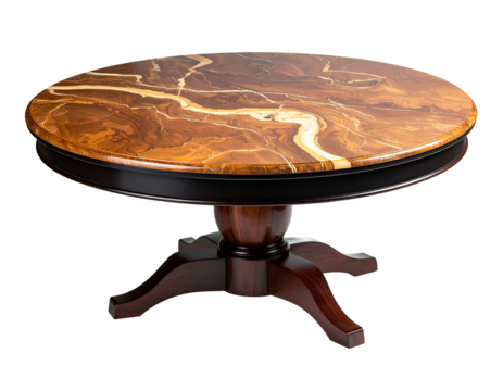 Elegant round table showcasing a marbled top and a dark, ornate pedestal base against a dark background