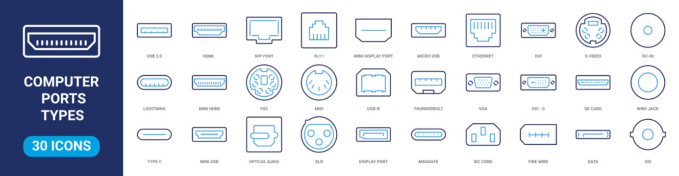 Computer ports types, electronic device input cable cords. Vector realistic type c and mini USB, ethernet and HDMI, DisplayPort.