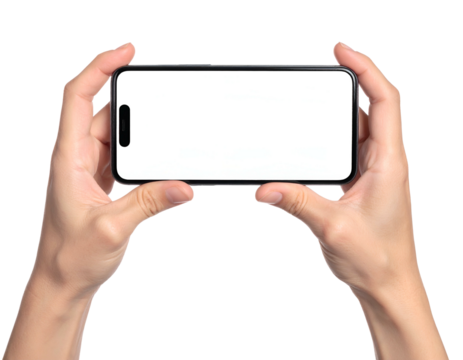 Human hands holding a modern smartphone with a blank white screen on black background - Powered by Adobe
