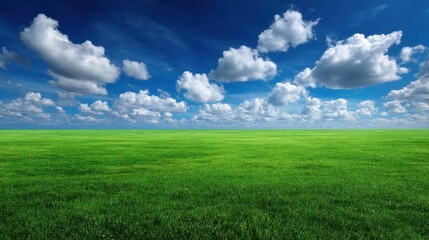 Obraz premium Expansive Green Grass Field Under Bright Blue Sky with Fluffy White Clouds and Beautiful Natural Landscape for Outdoor Activities and Scenic Views