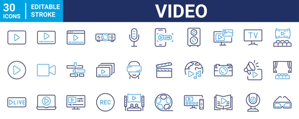 Fototapeta premium Video web icons in line style. Camera, play, film, cinema, live, media, collection. Vector illustration.