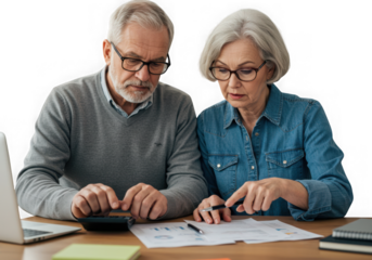 Elderly couple reviewing finances together isolated on transparent background