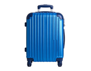 A bright blue upright carry-on suitcase with multiple vertical grooves against a black background